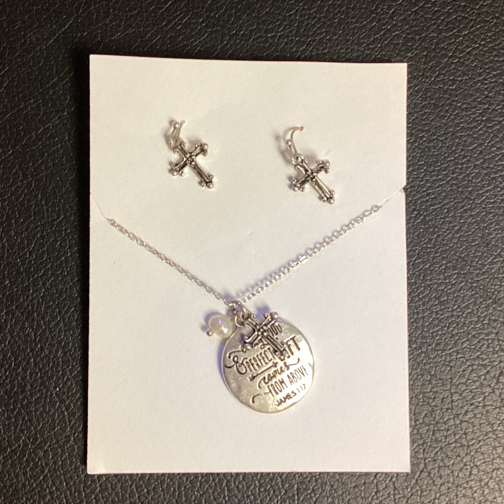Silver Cross Pendant Necklace and Stud Earrings Set - Silver